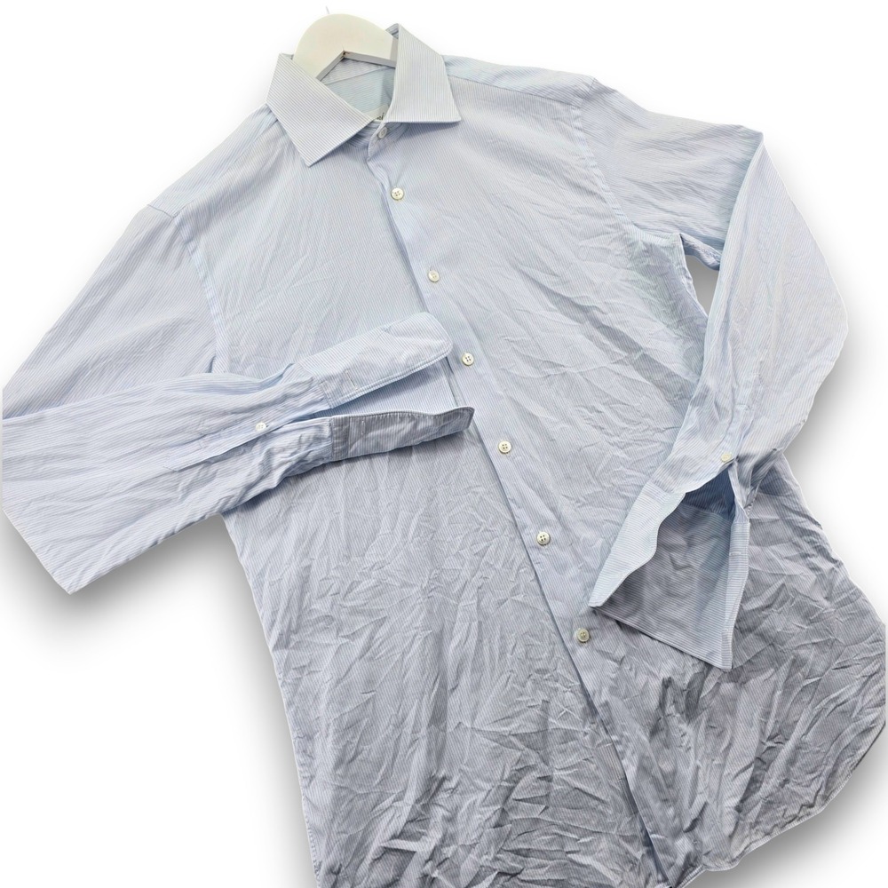 Brioni Brunico Dress Shirt Mens 16 41 Blue White Stripe Cotton French Cuff Italy